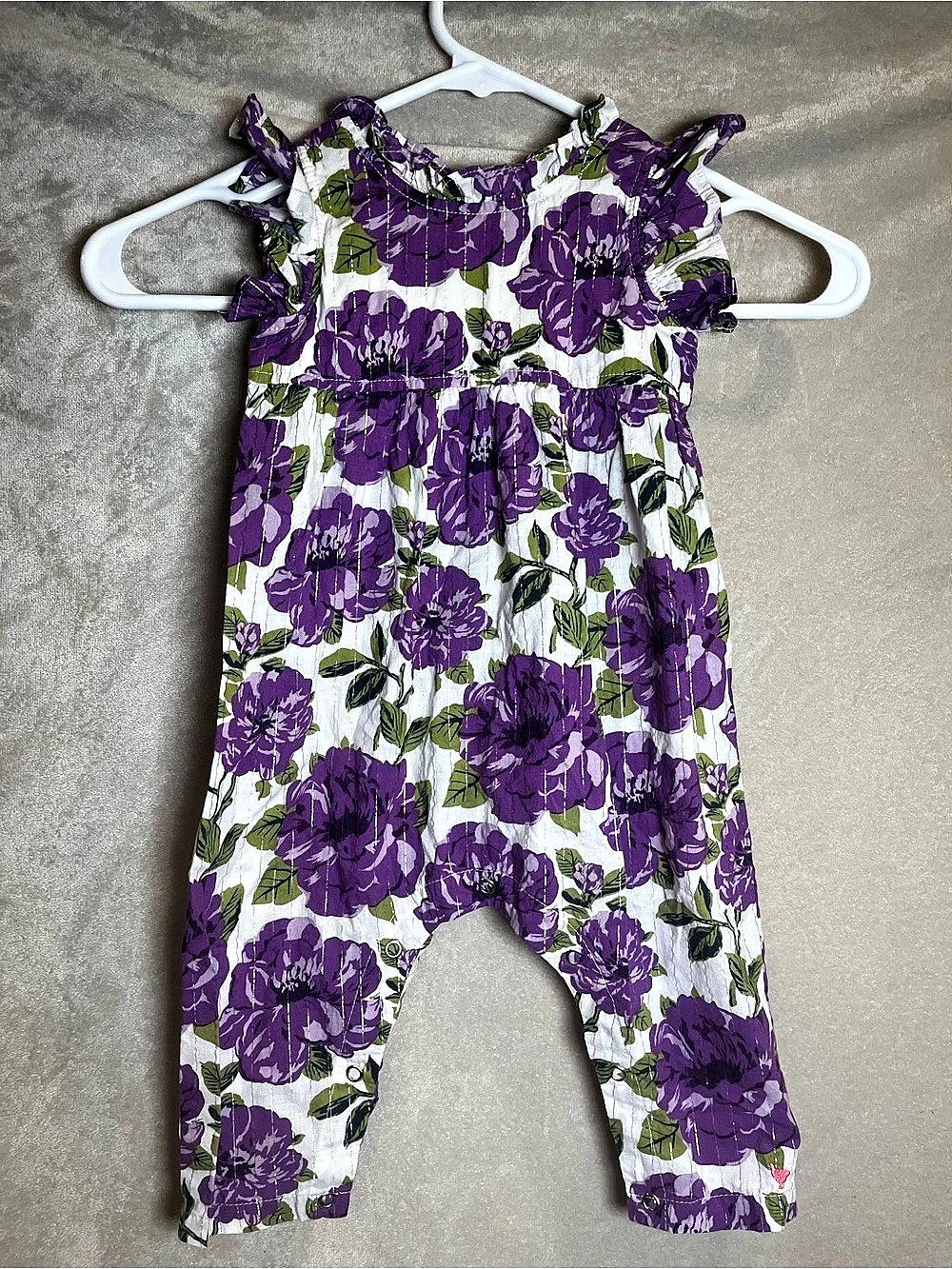 Pink Chicken Floral Romper Purple & White Baby 12/18M